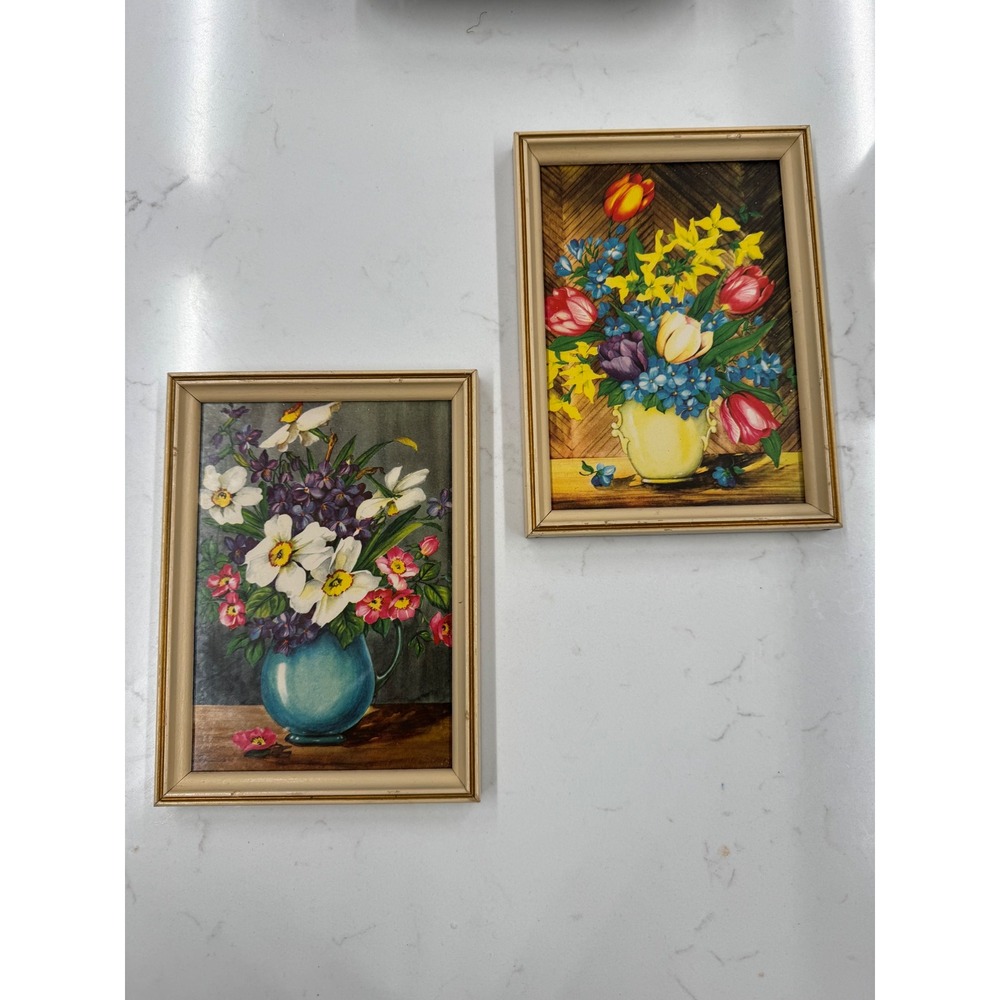Original Vintage Framed Floral Print Pair Mid Century Cottagecore Wall Art - Picture 2 of 11